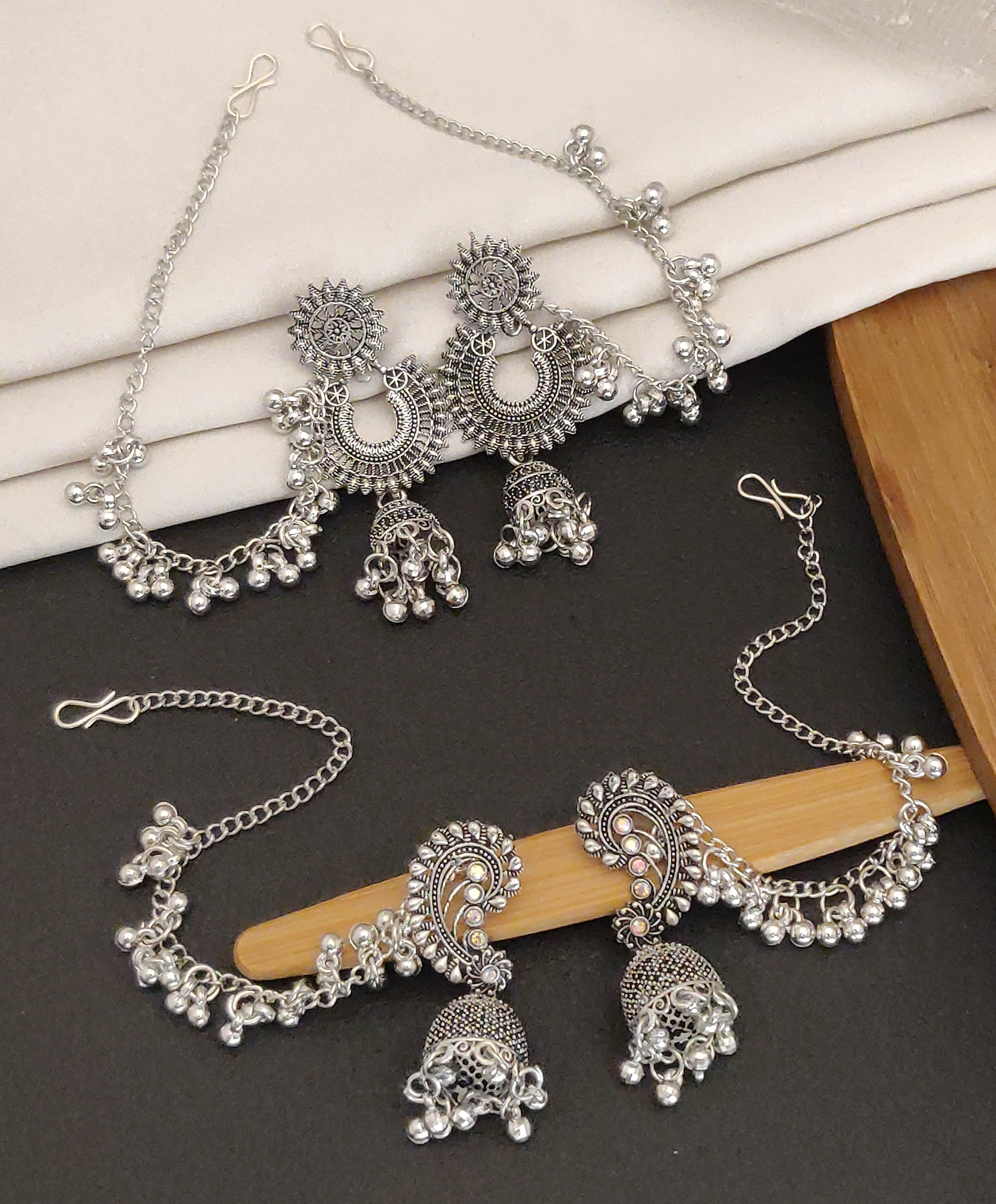 JEWELS Ethnic Black Stone Silver Look Jhumka Earrings