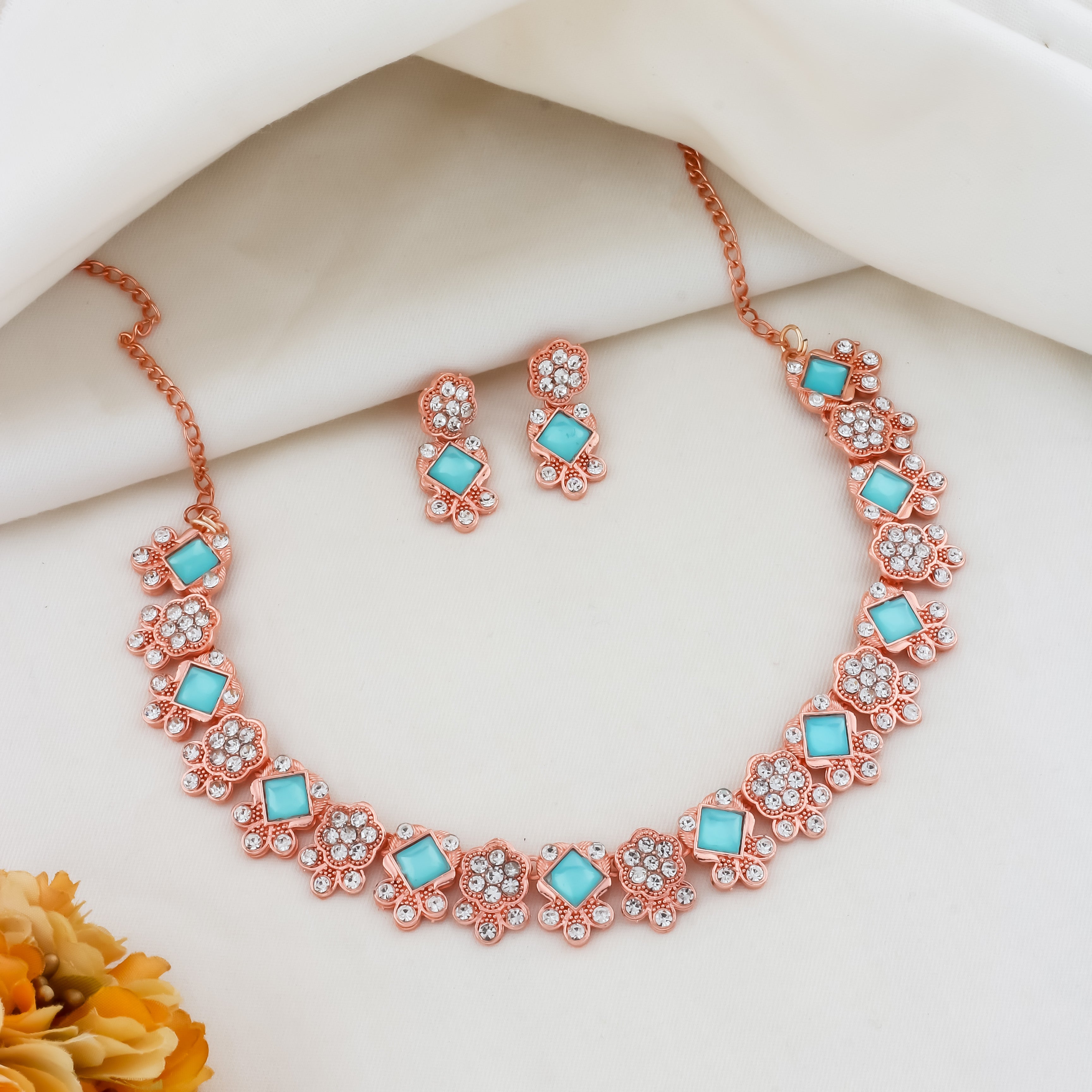 Pink And Green Color Jewellery Set With Earring For Women