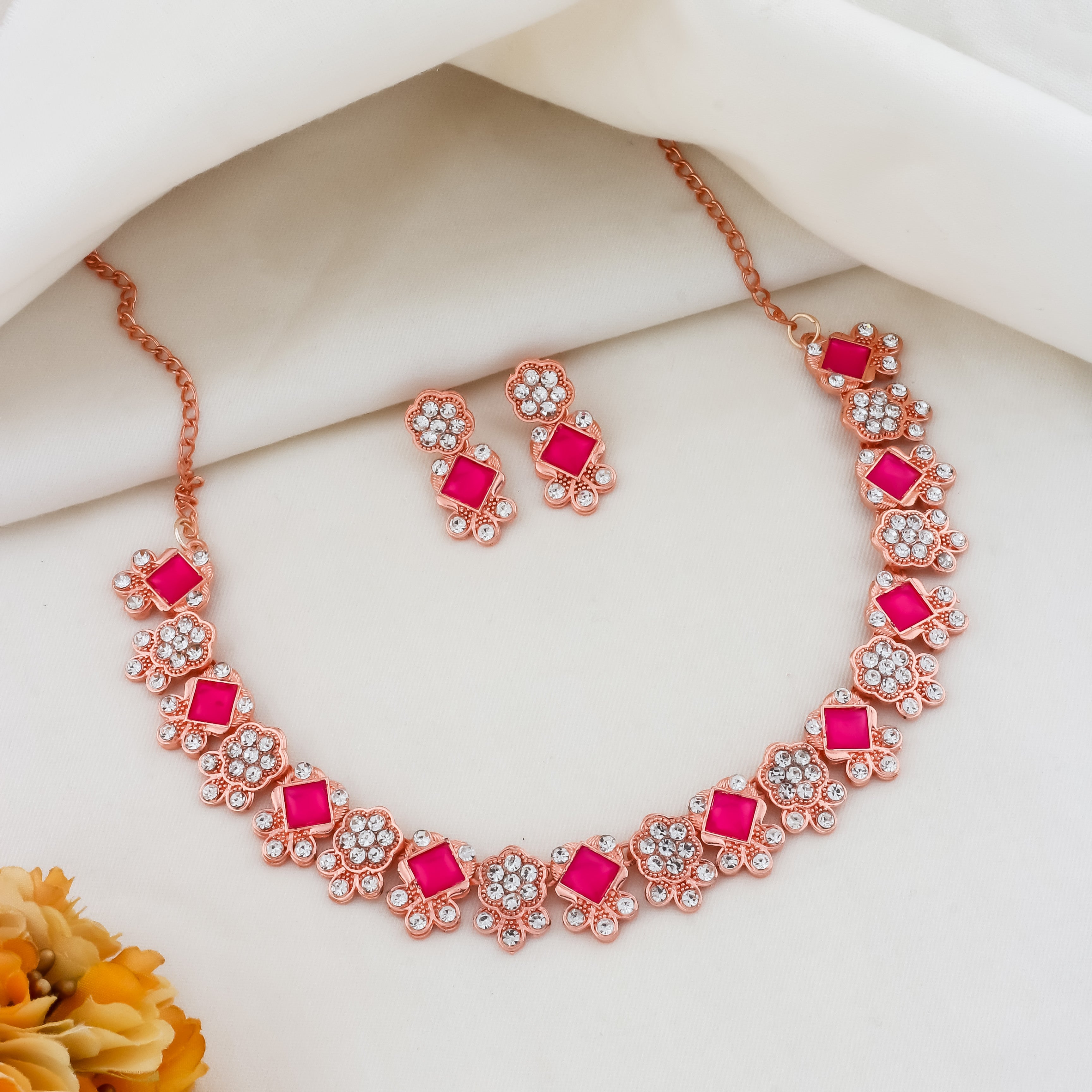 Pink And Green Color Jewellery Set With Earring For Women
