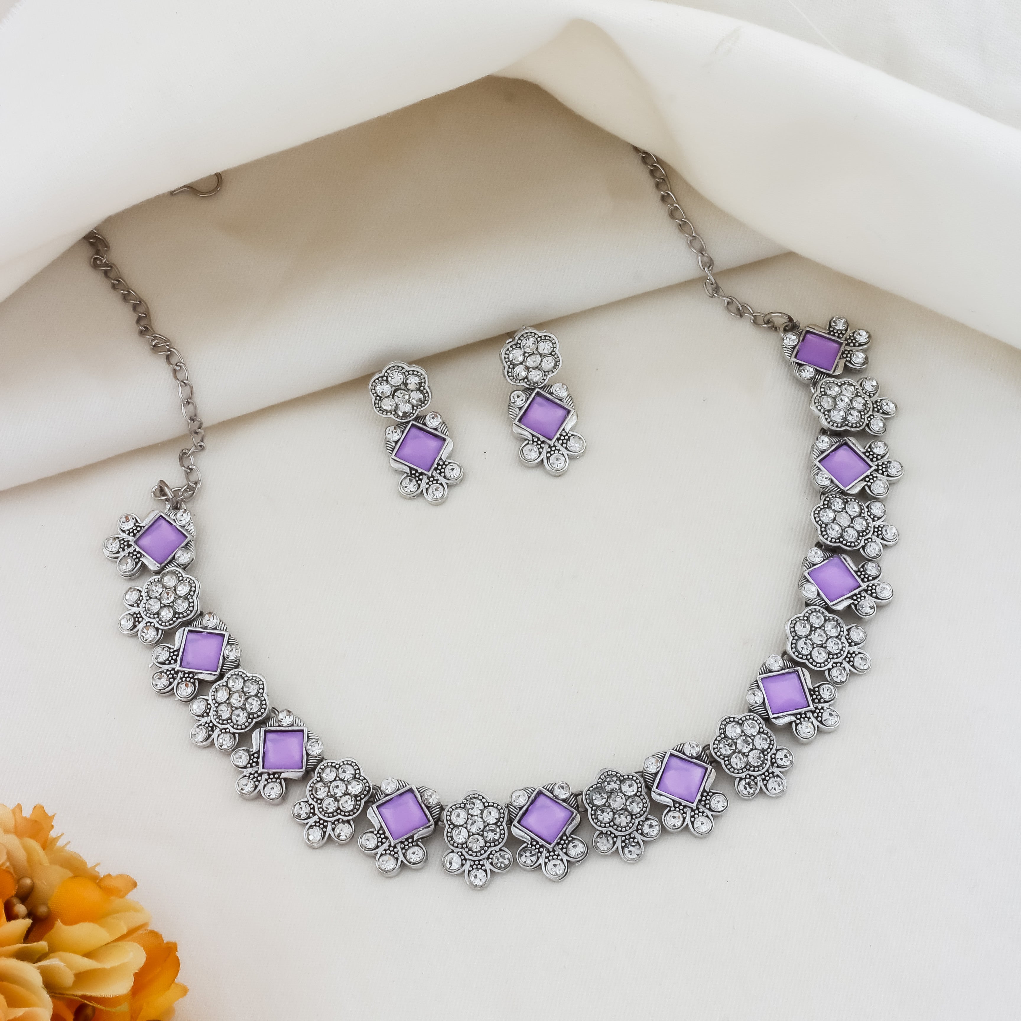 Pink And Green Color Jewellery Set With Earring For Women