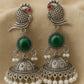 PAYORI Oxidized Silver Green Stone Peacock Jhumka Earrings for Women & Girls