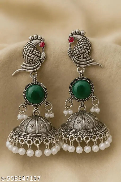 PAYORI Oxidized Silver Green Stone Peacock Jhumka Earrings for Women & Girls