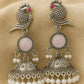 PAYORI Oxidized Silver Green Stone Peacock Jhumka Earrings for Women & Girls