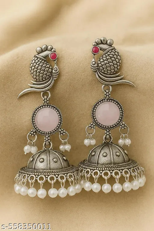 PAYORI Oxidized Silver Green Stone Peacock Jhumka Earrings for Women & Girls