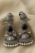 PAYORI Oxidized Silver Green Stone Peacock Jhumka Earrings for Women & Girls