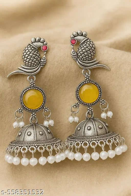 PAYORI Oxidized Silver Green Stone Peacock Jhumka Earrings for Women & Girls