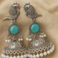 PAYORI Oxidized Silver Green Stone Peacock Jhumka Earrings for Women & Girls
