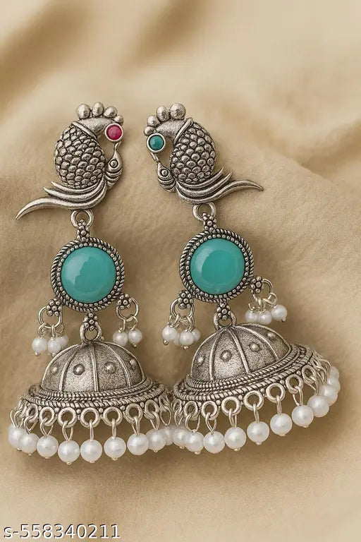 PAYORI Oxidized Silver Green Stone Peacock Jhumka Earrings for Women & Girls